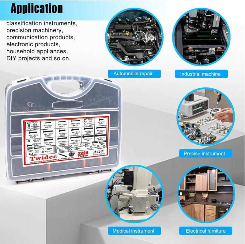 Twidec /2224PCS Metric Screw Assortment M2 M3 M4 M5 M6 M8 Machine Screws(4mm-45mm long) Grade 10.9 Button Head Hex Socket Cap Screws Metric Bolts Nuts Washer Assortment Kit Black Screws - Image 4